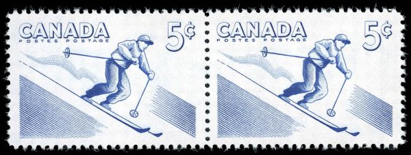 Canada Stamp #368i - Skiing (1956) 2 x 5¢ Identical pair