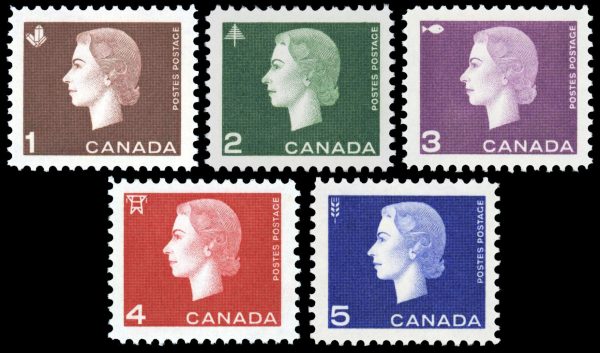 Canada Stamp #401-5 - Queen Elizabeth II (1963) 1 x 1¢, 1 x 2¢, 1 x 3¢, 1x 4¢, 1 x 5¢ Set of 5