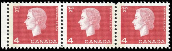 Canada Stamp #404vii - Queen Elizabeth II (1963) 3x4¢ Wide & narrow tag bars in margin strip of 3