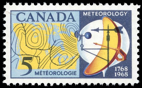 Canada Stamp #479iii - Weather Map and Instruments (1968) 5¢ DF, "red over blue" variety