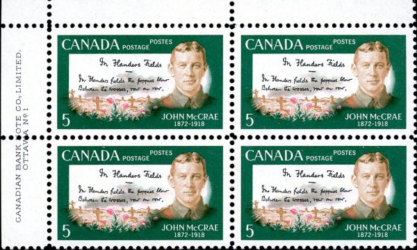 Canada Stamp PB#487i - John McCrae and Poem (1968) 5¢ Stroke in first A of CANADA (1st column)