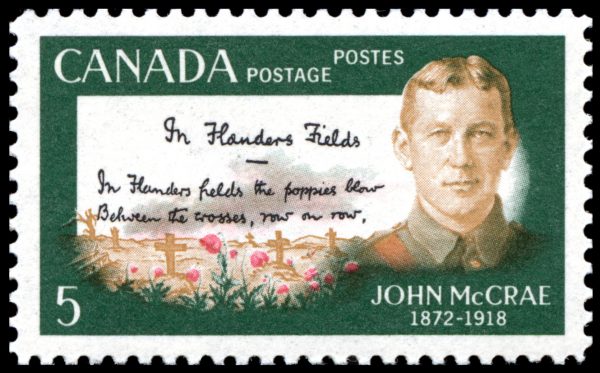 Canada Stamp #487i - John McCrae and Poem (1968) 5¢ Stroke in first A of CANADA (1st column)