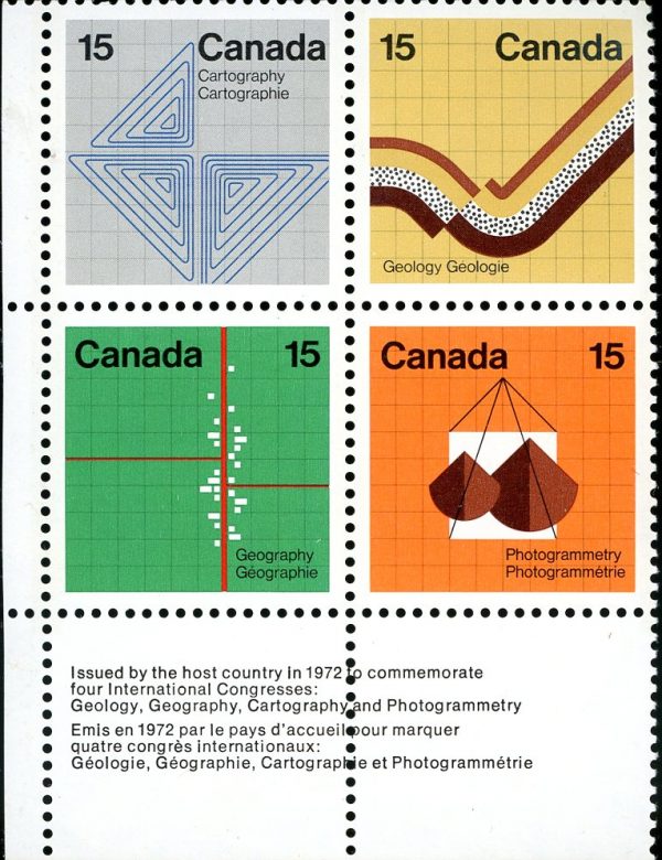 Canada Stamp CORNER BLOCK#585b - Earth Sciences (1972) 4 x 15¢ TAGGED GT2