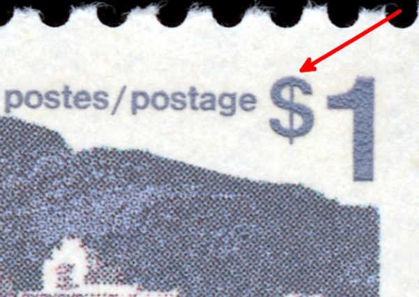 Canada Stamp #600iii - Vancouver (1972) $1 Short $ flaw (pos. 21, 23, 24) RIBBED HORIZ - Image 2