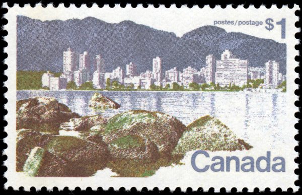 Canada Stamp #600iii - Vancouver (1972) $1 Short $ flaw (pos. 21, 23, 24) RIBBED HORIZ