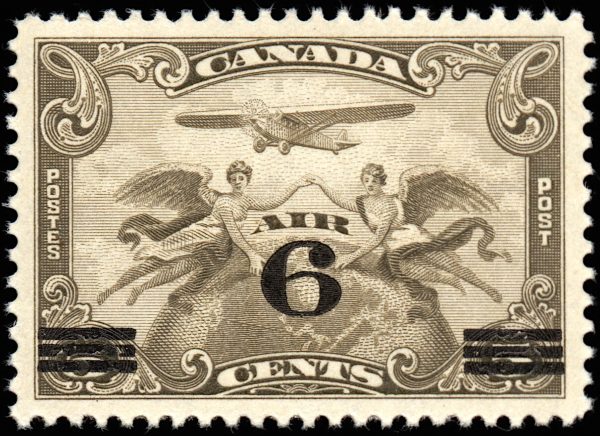 Canada Stamp - Air Mail #C3 - C1 Surcharged (Two winged figures against globe) (1932) 6¢ (FVF-NH)