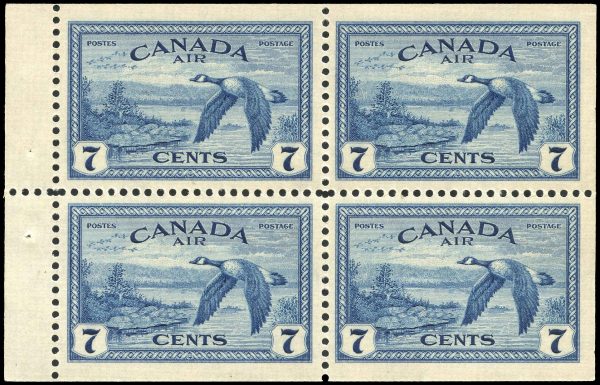 Canada Stamp - Air Mail #C9a - Canada geese near Sudbury, ON (1947) 4 x 7¢ Booklet pane of 4