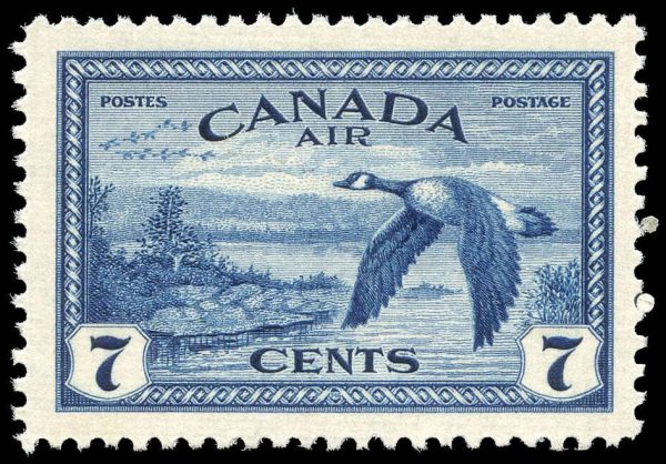 Canada Stamp - Air Mail #C9ii - Canada geese near Sudbury, ON (1946) 7¢ Major re-entry, double frameline at right