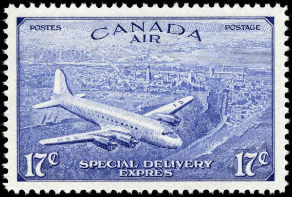 Canada Stamp - Air Mail #CE4 - D.C. 4-M Airplane (1946) 17¢ Corrected grave accent of EXPRÈS (VF-MLH)