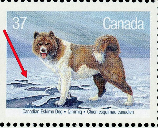 Canada Stamp PB#1220a(i) - Dogs of Canada (1988) 4 x 37¢ Se-tenant block (1217-1220) W/Icicle in the snow, pos. 9 - Image 2