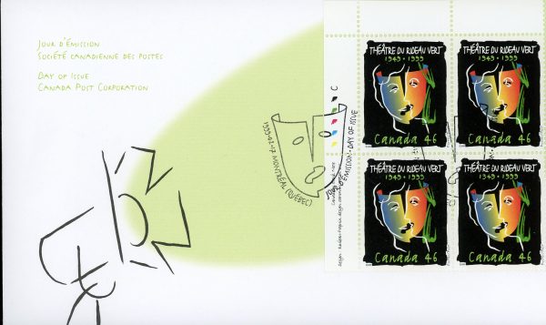 Canada FDC PB#1769 - The masks of Tragedy and Comedy, with the profiles of the theatre's co-founders superimposed (1999) 46¢