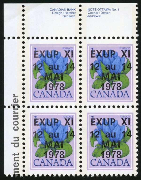 Canada Stamp PB#705iii - Bottle Gentian (1977) 1¢ overprinted "EXUP XI/12 au 14/MAI/1978"