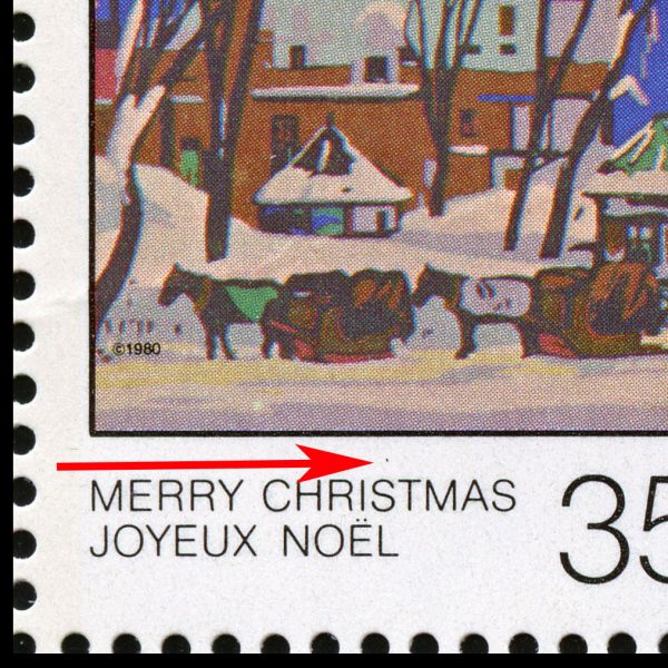 Canada Stamp PB#872i - McGill Cab Stand (1980) 35¢ small black dot above first S of Christmas (pos. 1) - Image 2