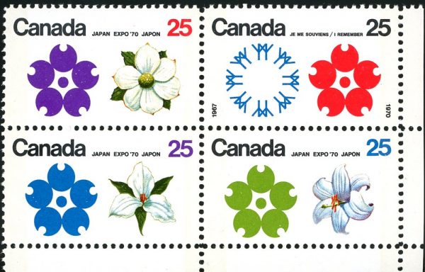 Canada Stamp CB#511b - Expo '70 (1970) 4 x 25¢ Se-tenant block of 4 (508-511) tagged W2B