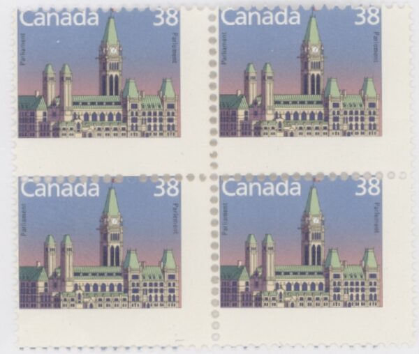 MISPERF PRINT Canada Stamp #1165 - Houses of Parliament (1989) 38¢ BLOCK OF 4