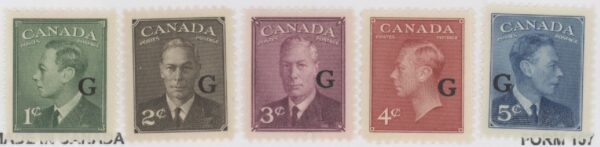 Canada Stamp - O - Official #O16-O20 - King George VI, Postes-Postage (1950) 1¢ Overprinted G SET OF 5 MNH