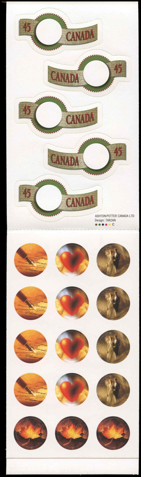 Canada Stamp #1569iii - "Quick Stick" (1997) 10 x 45¢ Booklet pane of 10 stamps (5 x #1568i, 5 x #1569i) (BK200), Dull - Image 2