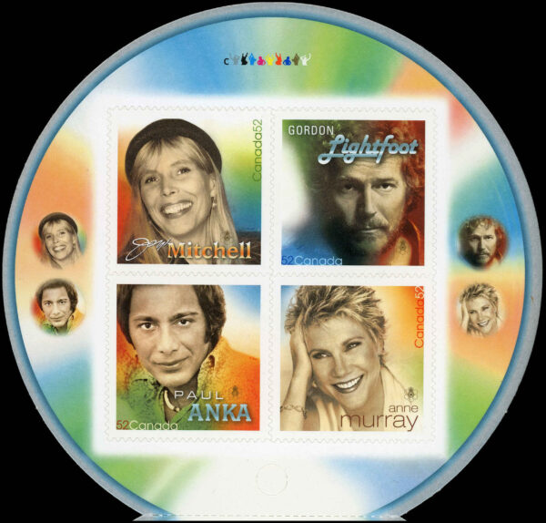 Canada Stamp #2222i - Canadian Recording Artists (2007) 8 x 52¢ Booklet pane of 4 stamps (#2222a-d) (BK352), with Joni Mitchell at upper left - Image 2