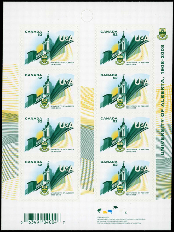 Canada Stamp Booklet - #BK370 University of Alberta (2008) 8 x 52¢ Booklet of 8 stamps (#2263a in cover) - Image 2