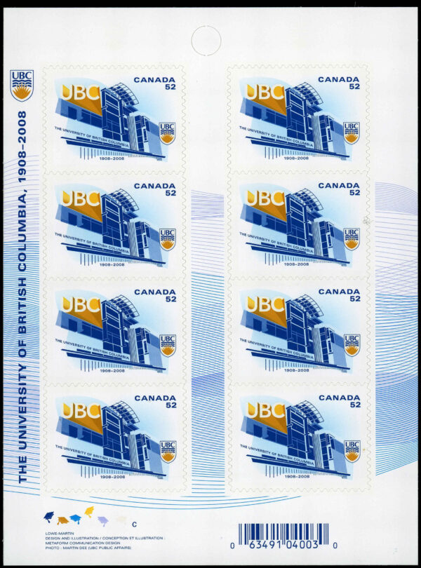 Canada Stamp Booklet - #BK371 University of British Columbia (2008) 8 x 52¢ Booklet of 8 stamps (#2264a in cover) - Image 2