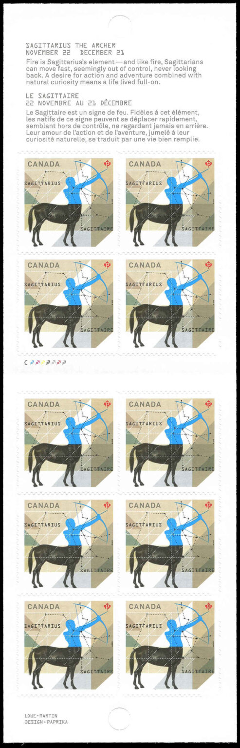 Canada Stamp Booklet - #BK527 Sagittarius: The Archer (2013) 10 x P (63¢) Booklet of 10 stamps (#2457a in cover) - Image 2