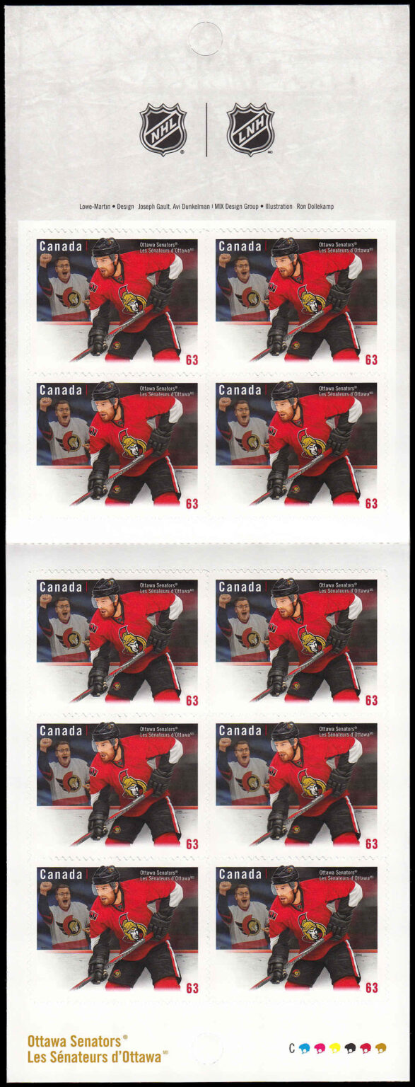 Canada Stamp Booklet - #BK551 Ottawa Senators (2013) 10 x 63¢ Booklet of 10 stamps (#2673a in cover) - Image 2