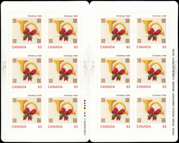 Canada Stamp Booklet - #BK564 Cross-Stitched Horn (2013) 12 x 63¢ Booklet of 12 stamps (#2689a in cover) - Image 2