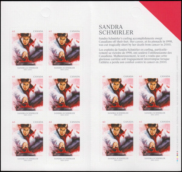 Canada Stamp Booklet - #BK573 Sandra Schmirler (1963-2000) (2014) 10 x 63¢ Booklet of 10 stamps (#2706a in cover) - Image 2