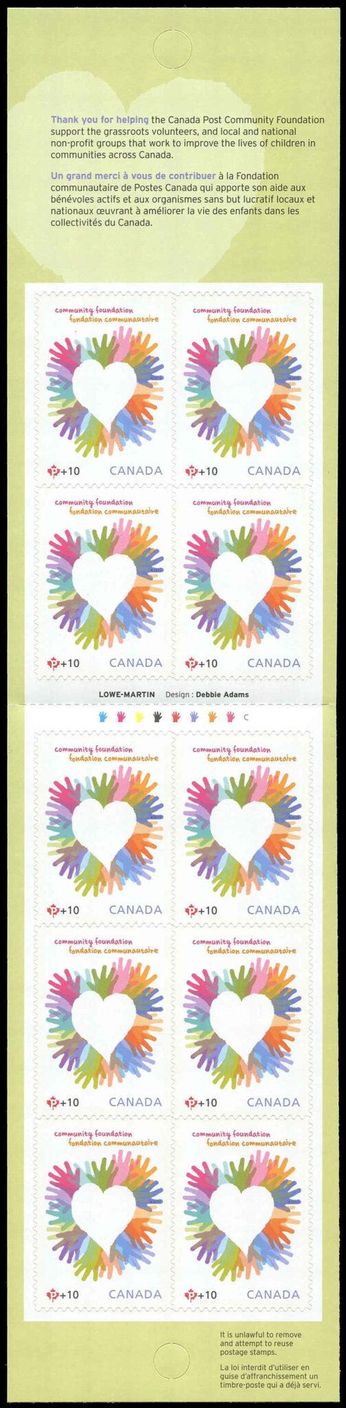 Canada Stamp Booklet - #BK508 Circle of Multi-Coloured Children's Hands Forming a Heart (2012) 10 x (P (61¢) + 10¢) Booklet of 10 stamps (#B19a in cover) - Image 2