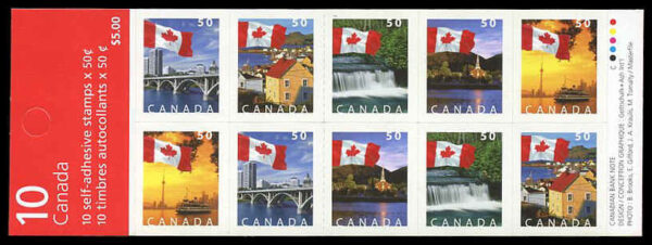 Canada Stamp #2080ai - Flags (2004) 10 x 50¢ Booklet pane of 10 stamps (2 x #2076-80) (BK302b), 29 rouletted slits per pane