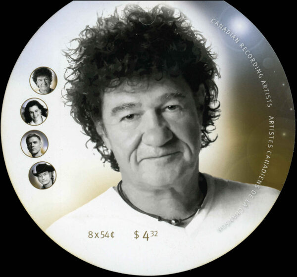 Canada Stamp #2334iii - Canadian Recording Artists (2009) 4 x 54¢ Booklet pane of 4 stamps (#2334a-d) (BK407), with Robert Charlebois at upper left - Image 2