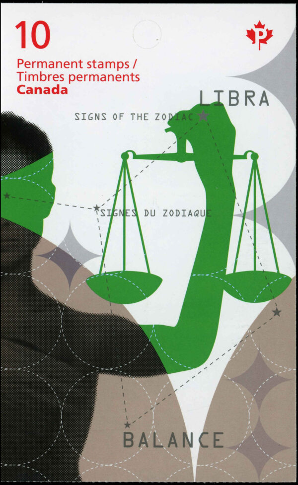 Canada Stamp #2455a - Libra: The Scales (2012) 10 x P (61¢) Booklet pane of 10 stamps (#2455) (BK497) - Image 2