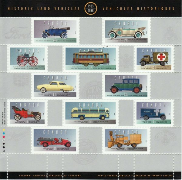 Canada Stamp #1605 - Historic Land Vehicles Collection-5 (1996) 10 x 5¢, 4 x 10¢, 10 x 20¢, 1 x 45¢ Pane of 25 stamps + 20 labels - Image 3