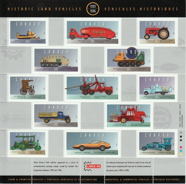 Canada Stamp #1605 - Historic Land Vehicles Collection-5 (1996) 10 x 5¢, 4 x 10¢, 10 x 20¢, 1 x 45¢ Pane of 25 stamps + 20 labels