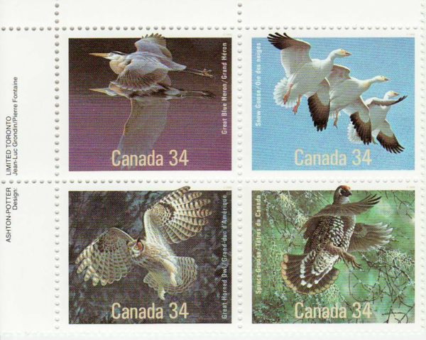 Canada PB #1098a - Birds of Canada (1986) 4 x 34¢ PLATE block (1095-1098)