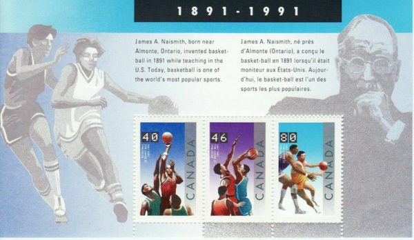 Canada Stamp #1344 - Basketball (1991) 1 x 40¢, 1 x 46¢, 1 x 80¢ Souvenir Sheet of 3