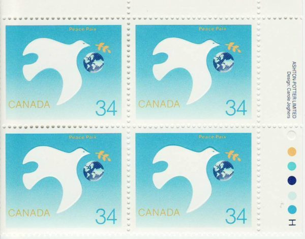 Plate Block of Canada Stamp #1110 - Symbolic dove protecting the earth (1986) 34