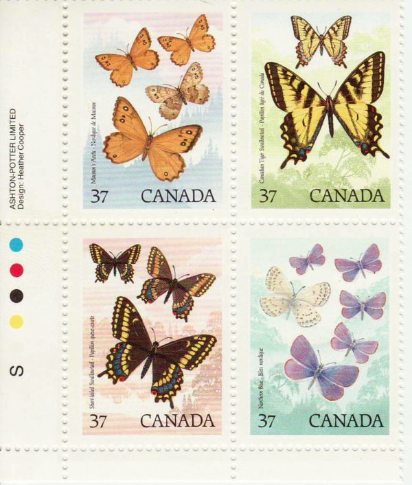 Canada Stamp PB#1213a(iii) - Butterflies (1988) 4 x 37¢ Se-tenant block (1210-1213) W/#1211iii: Blemish on wing (pos. 42)