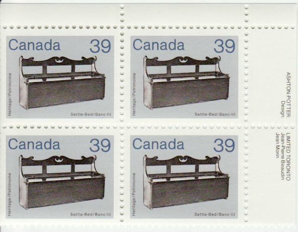 Plate Block MNH, Canada Stamp #928 - Settle-Bed (1985) 39¢