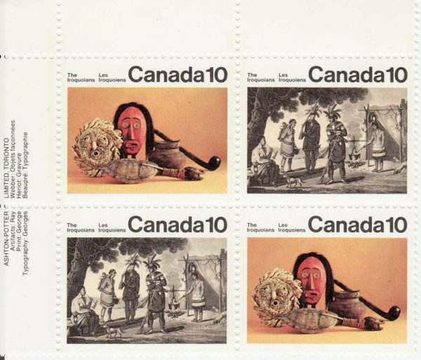 Canada Stamp #579i - Iroquoian Encampment (1976) 10¢ Variety "missing medallion", DF/DF -Se-Tenant Pair (578, 579i) - Image 2