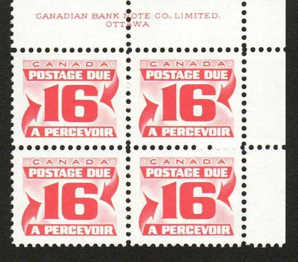 MNH Canada 1973-74 F-VF Plate Block, 4xScott #J37 & ii 16c Postage Due Stamps