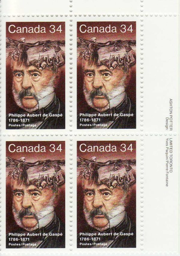 Plate Block of Canada Stamp #1090ii - Philippe Aubert de Gaspé (1986) 34¢