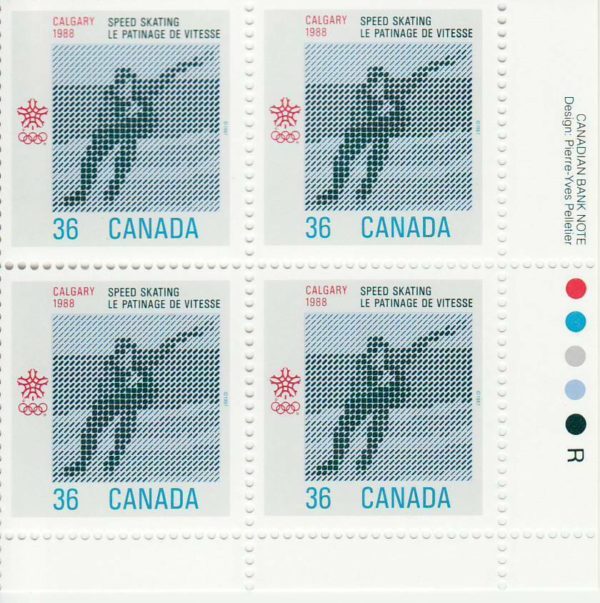 Plate Block of Canada Stamp #1130 - Speed Skating (1987) 36¢