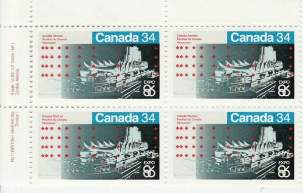 0.34 Plate Block #Canada Stamp #1078 - Canada Pavilion (1986)