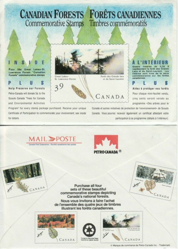 Canada Stamp #1284a - Great Lakes-St. Lawrence Forest (1990) 4 x 39¢ Souvenir Miniature Pane of 4 - Image 3