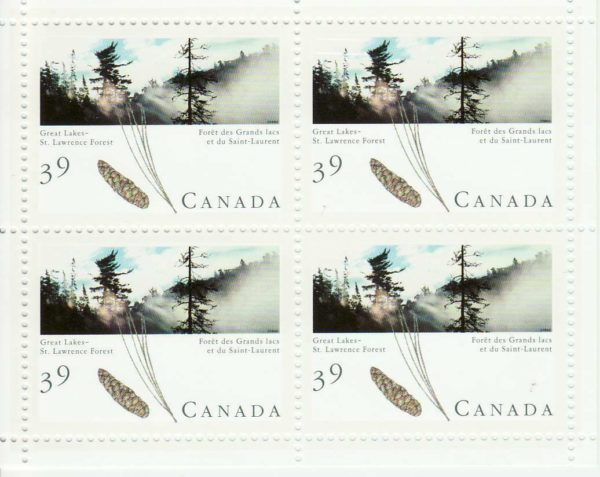 Canada Stamp #1284a - Great Lakes-St. Lawrence Forest (1990) 4 x 39¢ Souvenir Miniature Pane of 4