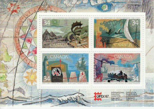 Canada Stamp #1107b - Exploration of Canada-1 (1986) 4 x 34¢ Souvenir Sheet of 4