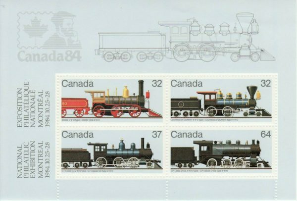 Canada Stamp #1039a - Canadian Locomotives (1860-1905)-2 (1984) 2 x 32¢, 1 x 37¢, 1 x 64¢ Souvenir Sheet of 4