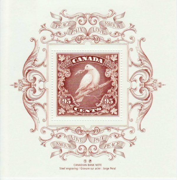 Canada Stamp #1814i - Dove of peace on branch (1999) 95¢ Souvenir Sheet of 1