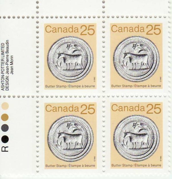 Plate Block of Canada Stamp #1080 - Butter Stamp (1987) 25¢